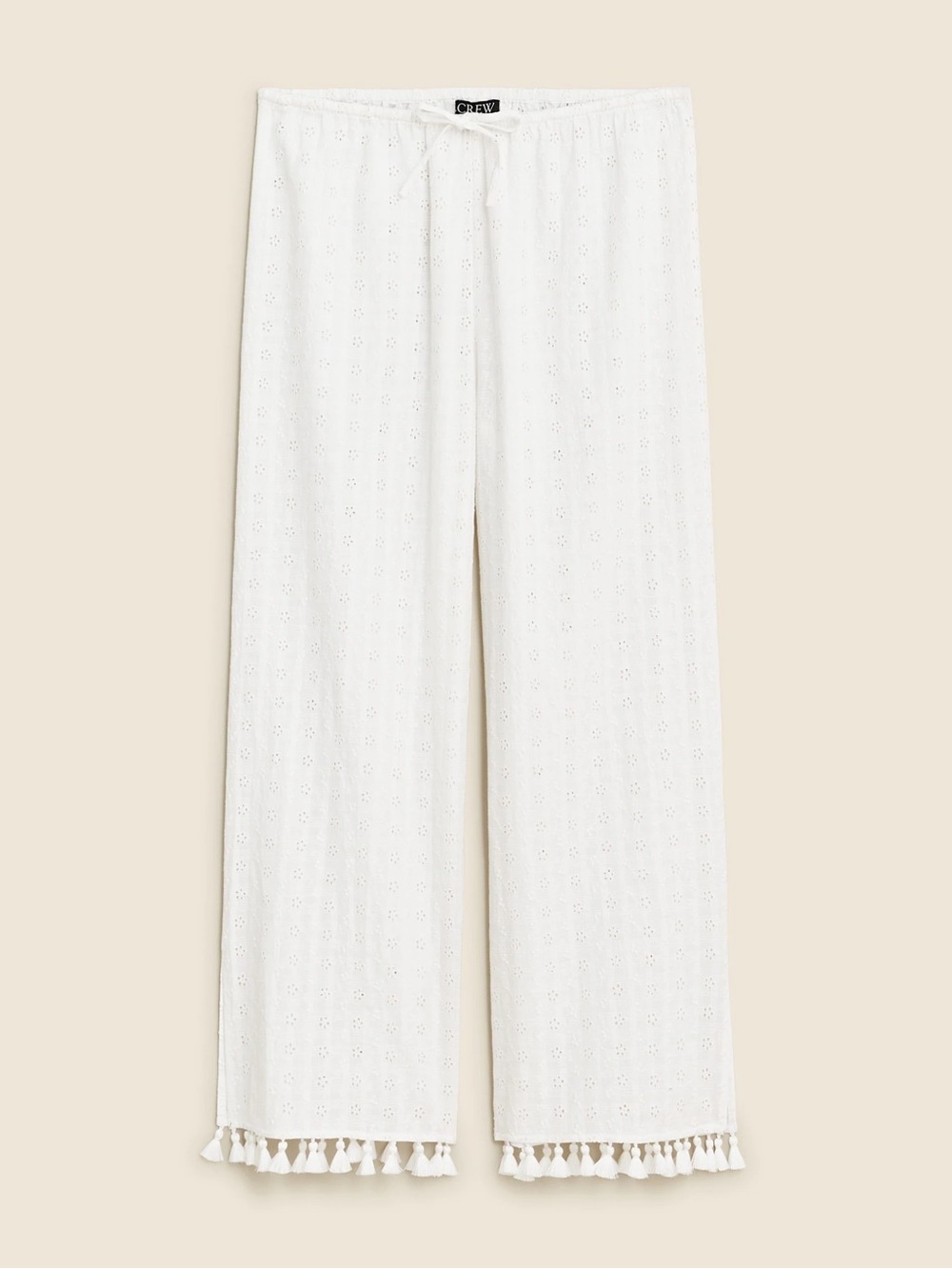 J. Crew White Eyelet Wide-Leg Beach Pants with Tassel Trim
